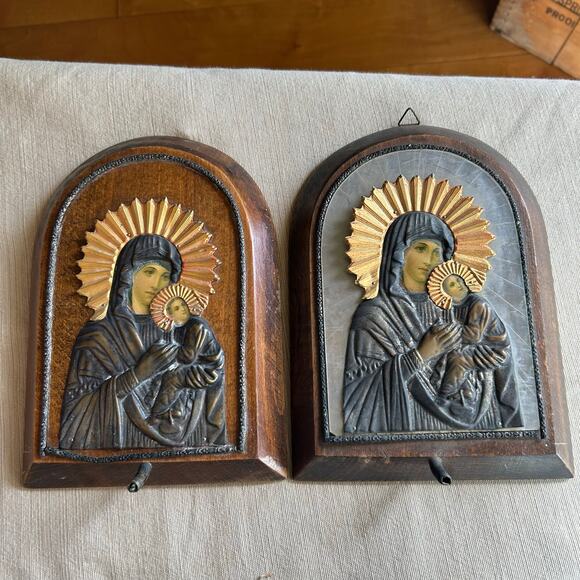 Rare Vtg Greek Orthodox European Wood Metal Religious Mary Jesus Icon